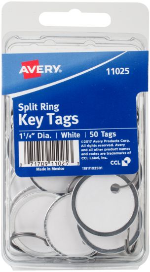 Picture of Avery® Card Stock Metal Rim Key Tags, 1 1/4 dia, White, 50/Pack