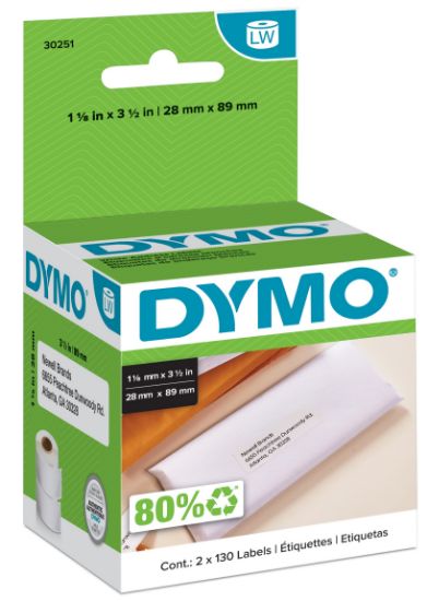 Picture of DYMO® LabelWriter Address Labels, 1 1/8 x 3 1/2, White, 130 Labels/Roll, 2 Rolls/Pack