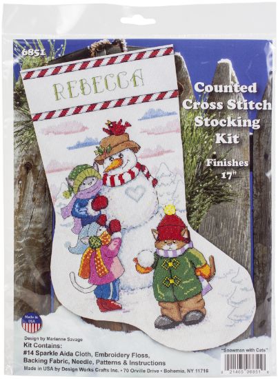 Picture of Design Works Counted Cross Stitch Stocking Kit 17" Long Snowman With Cats (14 Count)