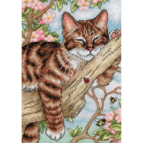 Picture of Gold Petite Napping Kitten Counted Cross Stitch Kit 5"X7" 18 Count