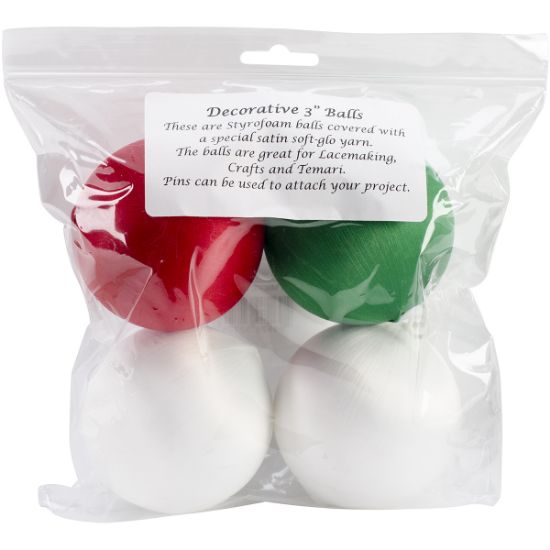 Picture of Decorative Satin Covered Styrofoam Balls 3" 4/Pkg 2 White, 1 Red & 1 Green