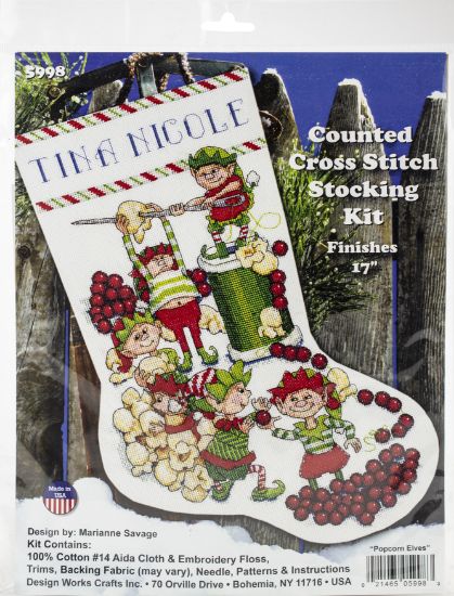 Picture of Design Works Cross Stitch Stocking Kit 17" Popcorn Elves (14 Count)