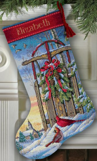 Picture of Gold Collection Christmas Sled Stocking Counted Cross Stitch 16" Long 16 Count