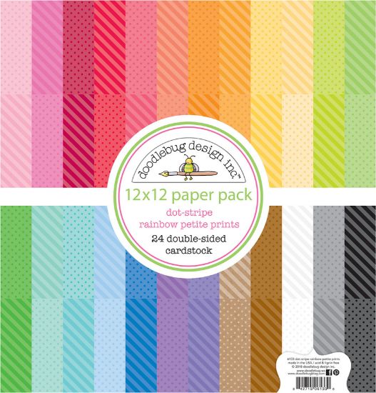 Picture of Doodlebug Petite Prints Double-Sided Cardstock 12"X12" 24/Pk Dot-Stripe Rainbow, 24 Designs/1 Each