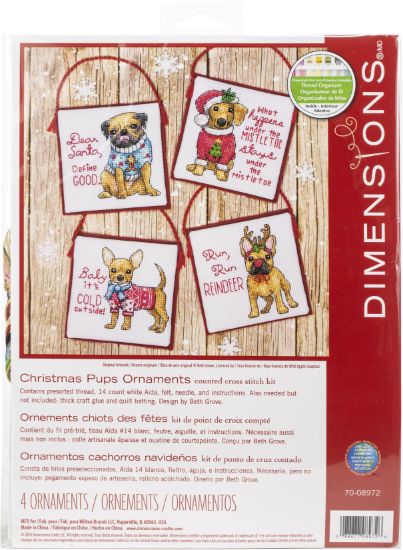 Picture of Dimensions Counted Cross Stitch Ornament Kit Set of 4-Christmas Pups Ornaments (14 Count)