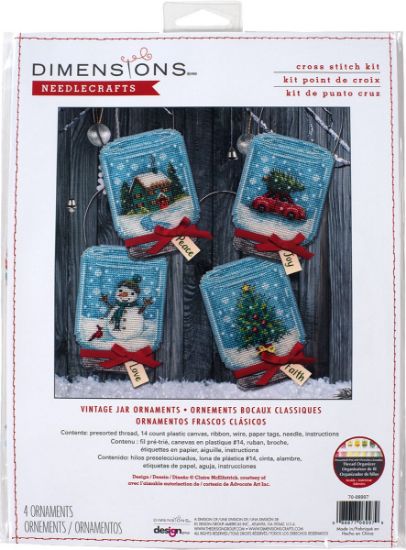 Picture of Dimensions Counted Cross Stitch Ornament Kit Set of 4 Christmas Jar Ornaments (14 Count)