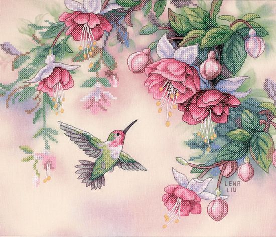 Picture of Hummingbird & Fuchsias Stamped Cross Stitch Kit 14"X12"
