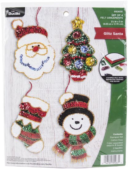 Picture of Bucilla Felt Ornaments Applique Kit 4.5"X4" Set Of 4 Glitz Santa