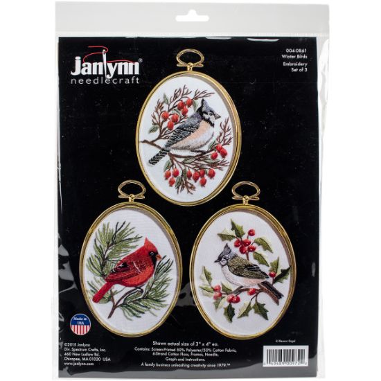 Picture of Winter Birds Embroidery Kit Set Of 3 3"X4" Stitched In Floss
