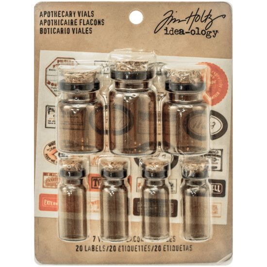 Picture of Idea-Ology Corked Glass Vials 7/Pkg Apothecary Amber W/Vintage Labels