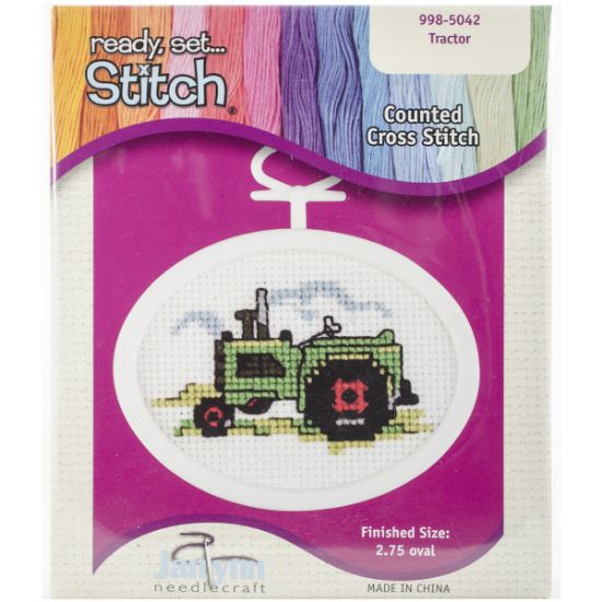Picture of Tractor Mini Counted Cross Stitch Kit 2.75" Oval 18 Count