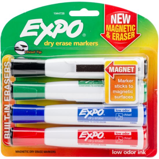 Dry Erase Chisel Marker With Eraser 4/Pkg Assorted