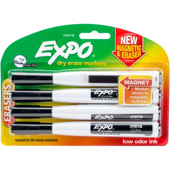 Picture of Magnetic Dry Erase Fine Marker With Eraser 4/Pkg Black