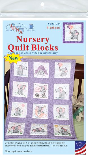 Picture of Jack Dempsey Stamped White Nursery Quilt Blocks 9"X9" 12/Pkg Elephants