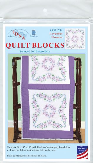 Picture of Jack Dempsey Stamped White Quilt Blocks 18"X18" 6/Pkg Lavender Flowers