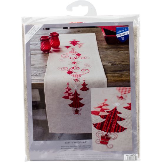 Picture of Red Christmas Decorations Table Runner Counted Cross Stitch  11.6"X40.8" 14 Count