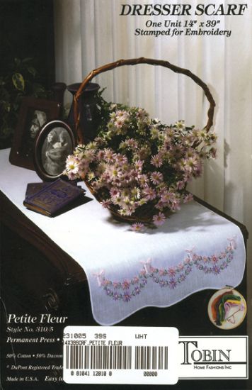 Picture of Stamped White Dresser Scarf For Embroidery 14"X39" Petit Fleur