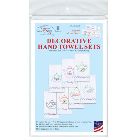 Picture of Stamped White Decorative Hand Towels 15"X30" Set Of 7 Teapots Of The Week