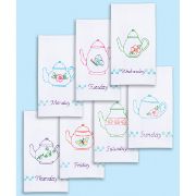 Picture of Stamped White Decorative Hand Towels 15"X30" Set Of 7 Teapots Of The Week