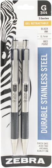 Picture of Zebra G301 Stainless Steel Gel Retractable Pen 2/Pkg Black Ink 0.7mm Medium Point