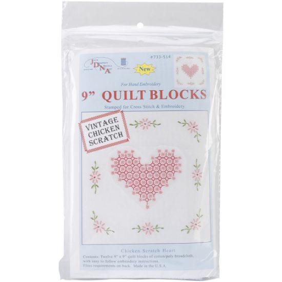 Picture of Stamped White Quilt Blocks 9"X9" 12/Pkg Chicken Scratch Hearts