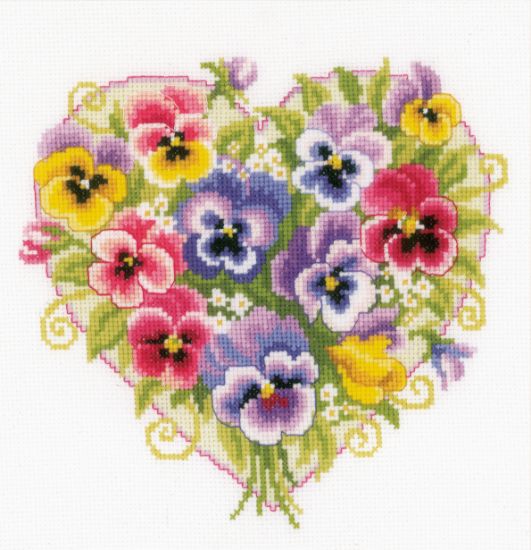 Picture of Vervaco Counted Cross Stitch Kit 9.2"X8.8" Pansies in Heart Shape (14 Count)