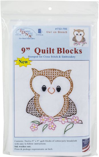 Picture of Jack Dempsey Stamped White Quilt Blocks 9"X9" 12/Pkg Owl on Branch