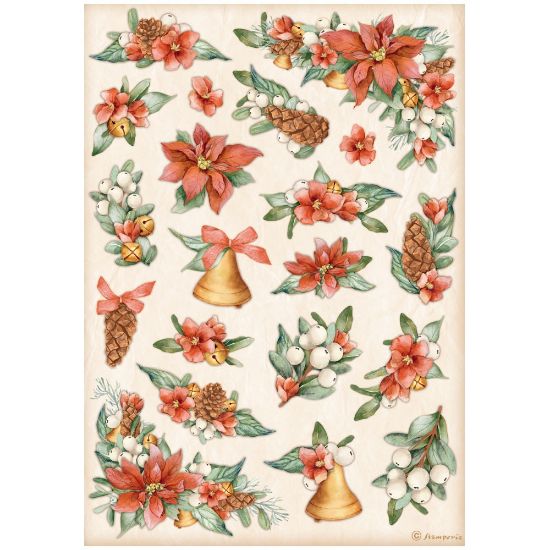 Picture of Stamperia Rice Paper Sheet A4-Poinsettia & Bells, All Around Christmas