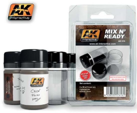 Picture of AK Interactive Mix N' Ready 35ml Empty Jars W/Labels (4) -- Hobby