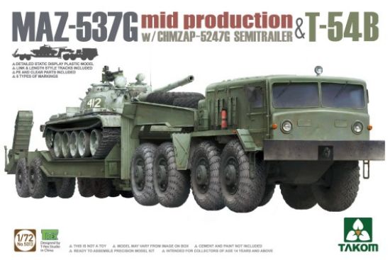 Picture of 1/72 MAZ537G Mid Production Tank Tractor w/CHMZAP-5247G Semi-Trailer & T54B Tank (3 Kits)