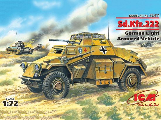 Picture of WWII SdKfz 222 Light Armored Vehicle -- Plastic Model Armored Car Kit -- 1/72 Scale -- #72411
