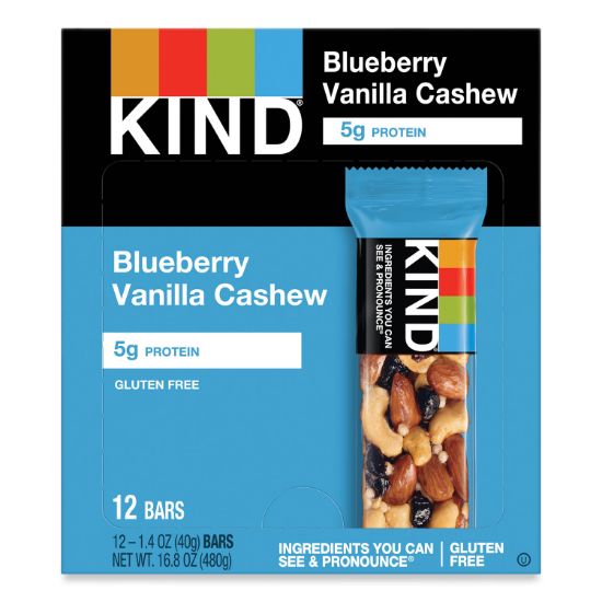 Picture of KIND Fruit and Nut Bars, Blueberry Vanilla and Cashew, 1.4 oz Bar, 12/Box