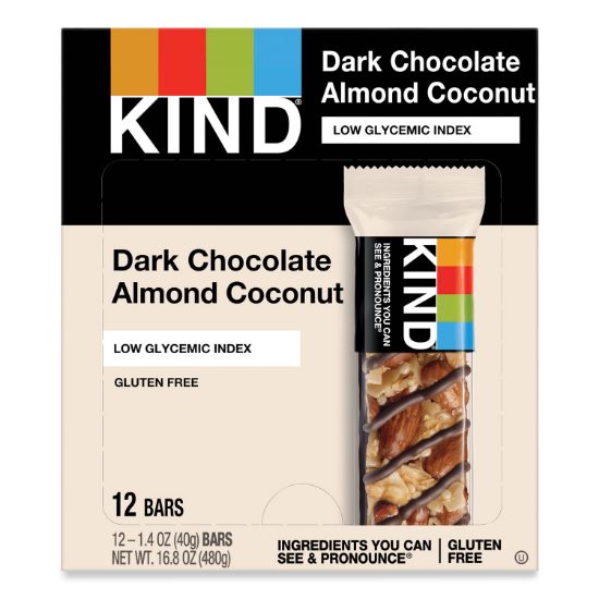 Picture of KIND Fruit and Nut Bars, Dark Chocolate Almond & Coconut, 1.4 oz Bar, 12/Box