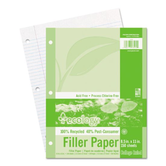 Picture of Pacon® Ecology Filler Paper, 8-1/2 x 11, College Ruled, 3-Hole Punch, WE, 150 Sheets/PK
