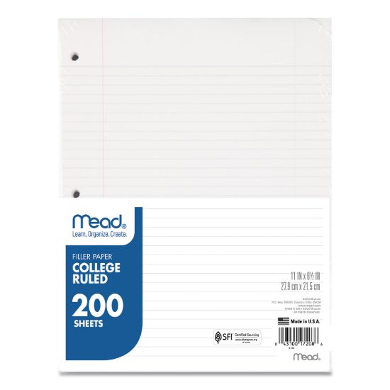 Picture of Mead® Filler Paper, 15lb, College Rule, 11 x 8 1/2, White, 200 Sheets