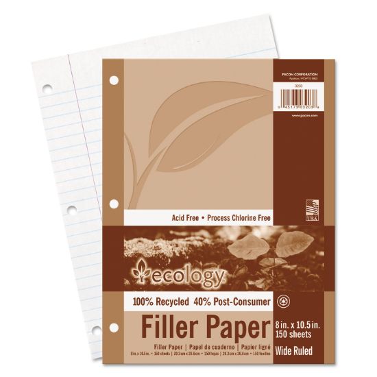 Picture of Pacon® Ecology Filler Paper, 8 x 10-1/2, Wide Ruled, 3-Hole Punch, White, 150 Sheets/PK