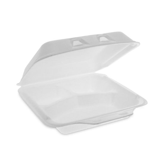 Picture of Pactiv Foam Hinged Lid Containers, White, 7 1/2 x 8 x 2 5/8, 3-Compartment, 150/Carton