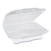 Picture of Pactiv Foam Hinged Lid Containers, White, 8.4375 x 8 1/8 x 3, 3-Compartment, 150/Crtn