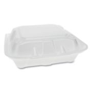 Picture of Pactiv Foam Hinged Lid Containers, White, 8.4375 x 8 1/8 x 3, 3-Compartment, 150/Crtn