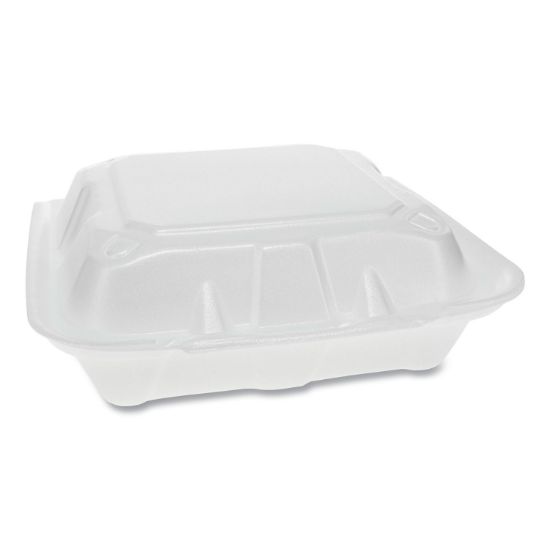 Picture of Pactiv Foam Hinged Lid Containers, White, 8.4375 x 8 1/8 x 3, 3-Compartment, 150/Crtn