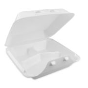 Picture of Pactiv SmartLock Vented Foam Hinged Lid Containers, White, 9 x 9.5 x 3.25, 3-Compartment, 150/Carton