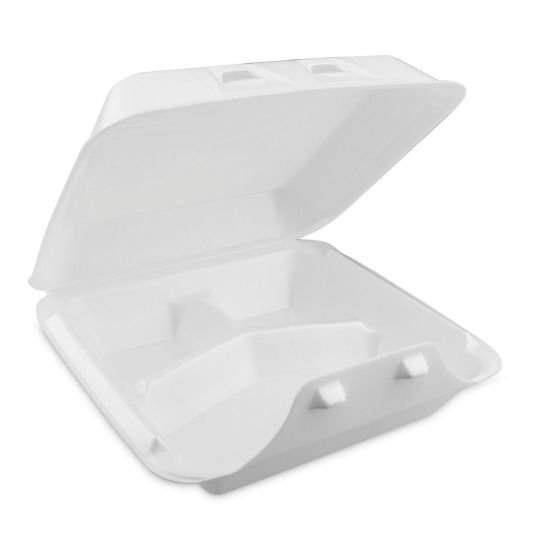 Picture of Pactiv SmartLock Vented Foam Hinged Lid Containers, White, 9 x 9.5 x 3.25, 3-Compartment, 150/Carton