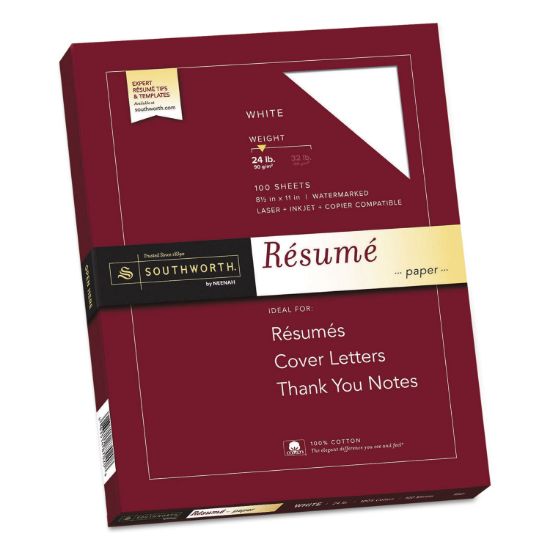 Picture of Southworth® 100% Cotton Resume Paper, 24lb, 95 Bright, 8 1/2 x 11, 100 Sheets