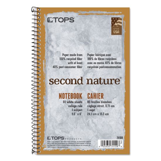 Picture of TOPS™ Second Nature Subject Wire Notebook, College/Medium, 9 1/2 x 6, White, 80 Sheets