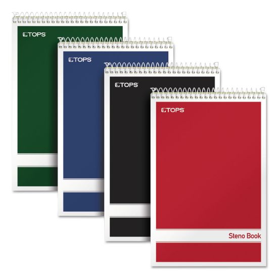 Picture of TOPS™ Steno Book w/Assorted Colored Covers, 6 x 9, Green Tint, 80 Sheets, 4 Pads/Pack