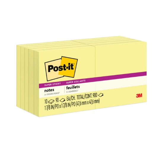 Picture of Post-it® Notes Super Sticky Canary Yellow Note Pads, 2 x 2, 90-Sheet, 10/Pack