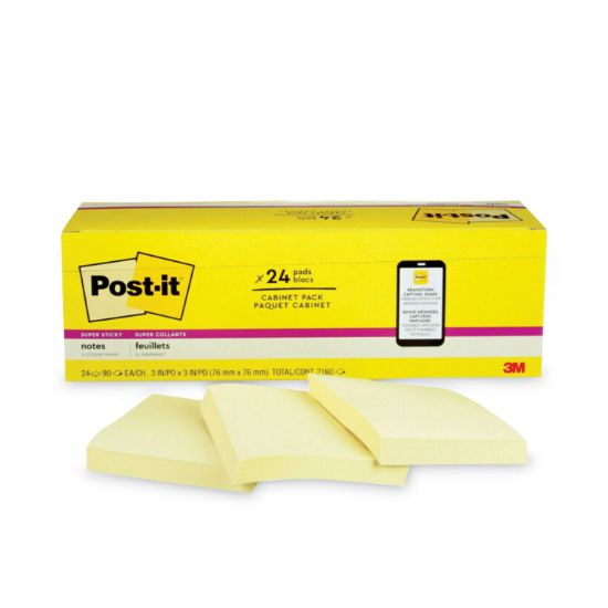 Picture of Post-it® Notes Super Sticky Canary Yellow Note Pads, 3 x 3, 90-Sheet, 24/Pack