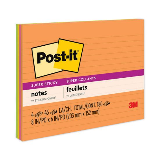 Picture of Post-it® Notes Super Sticky Meeting Notes in Rio de Janeiro Colors, Lined, 8 x 6, 45-Sheet, 4/Pack