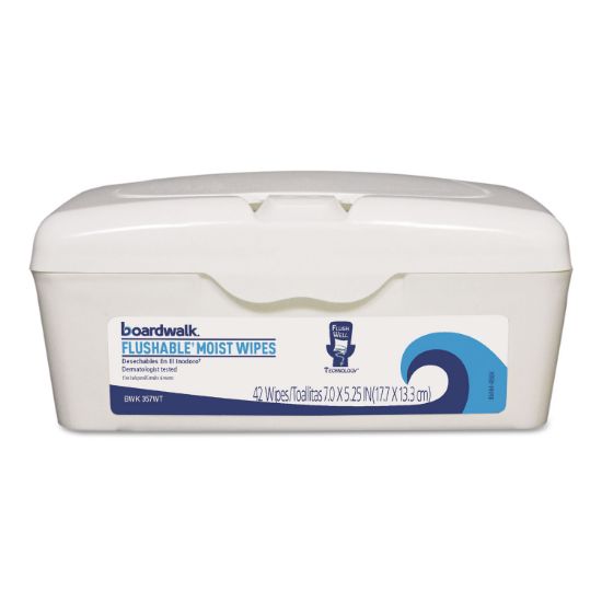 Picture of Flushable Moist Wipes, 7 x 5 1/4, Fresh Scent, 42/Tub
