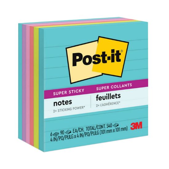 Picture of Post-it® Notes Super Sticky Pads in Miami Colors, Lined, 4 x 4, 90/Pad, 6 Pads/Pack